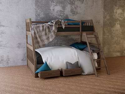 Wooden Bunk Bed With Ladder Lower Bunk White Comforter Blue Pillows And Storage Drawers 3d model