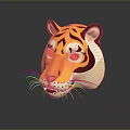 Colorful Cartoon Tiger Head With Yellow Purple White Fur Whiskers Gray Background And Reflection