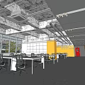Modern Open Public Office Space with Desks Office Chairs Large Windows and Ceiling Pipes