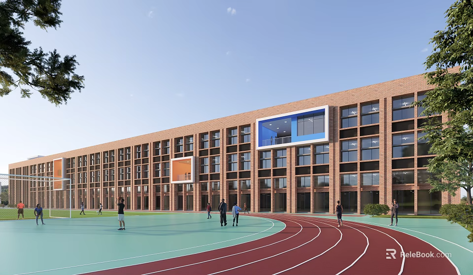 Red Brick School Building With Large Windows Playground Track And Active People 3d model