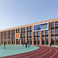 Red Brick School Building With Large Windows Playground Track And Active People 3d model