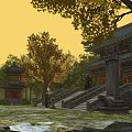 Traditional Chinese Architecture with Tile Roof Stone Steps Traditional Clothing People Ginkgo Trees and Mountain