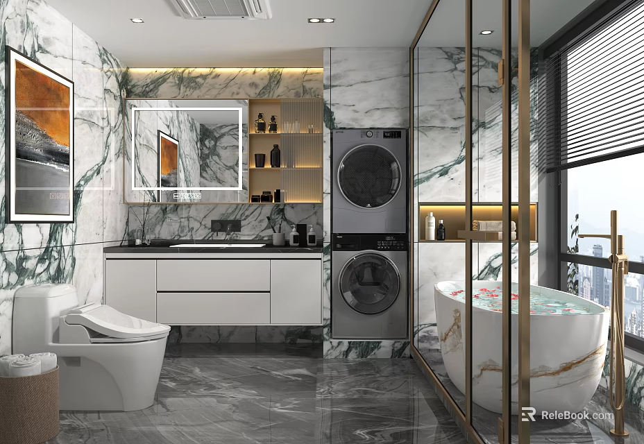 Luxury Modern Bathroom Interior With Marble Finishes Smart Toilet Freestanding Tub And Stacked Laundry Appliances 3d model 