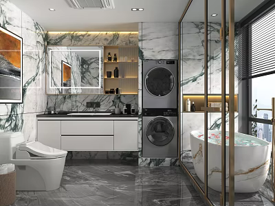 Luxury Modern Bathroom Interior With Marble Finishes Smart Toilet Freestanding Tub And Stacked Laundry Appliances 3d model