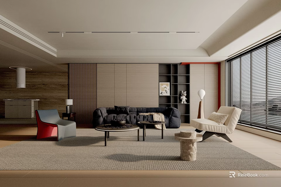 Contemporary Living Room Design Featuring Black Sofa White Chair Coffee Table And Large Windows 3d model 