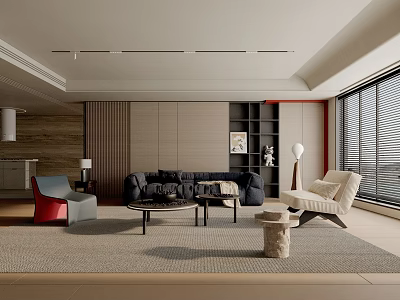 Contemporary Living Room Design Featuring Black Sofa White Chair Coffee Table And Large Windows 3d model