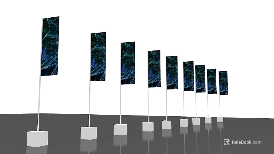Row of Banner Flags With White Bases Poles and Blue Black Patterns 3d model 