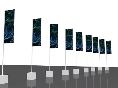 Row of Banner Flags With White Bases Poles and Blue Black Patterns 3d model