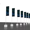 Row of Banner Flags With White Bases Poles and Blue Black Patterns