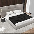 Double Bed Light Gray Headboard Two Pillows Black Blanket Wooden Wall Large Window Sea View
