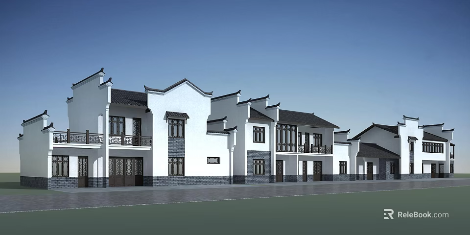 Traditional Chinese Style Buildings With White Walls Black Tiles And Overhanging Eaves 3d model 