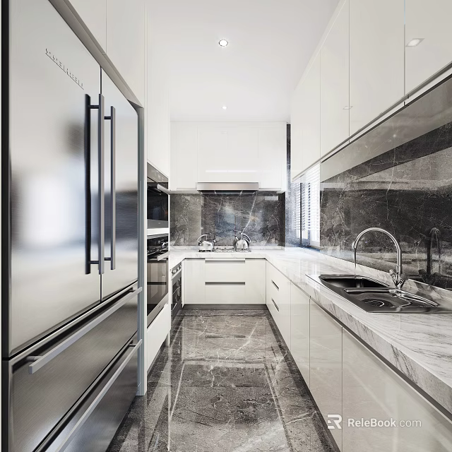 Modern Kitchen Interior Design With Stainless Steel Refrigerator White Cabinets And Marble Countertops 3d model 