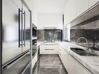 Modern Kitchen Interior Design With Stainless Steel Refrigerator White Cabinets And Marble Countertops 3d model