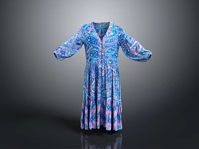 Vibrant Blue Purple Patterned Long Sleeve Flowy Pleated Dress with Elegant Design and Comfortable Fit 3d model