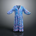 Vibrant Blue Purple Patterned Long Sleeve Flowy Pleated Dress with Elegant Design and Comfortable Fit