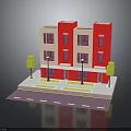Red Multi story Urban Apartment Building With Light Windows Street Lampposts And Green Trees