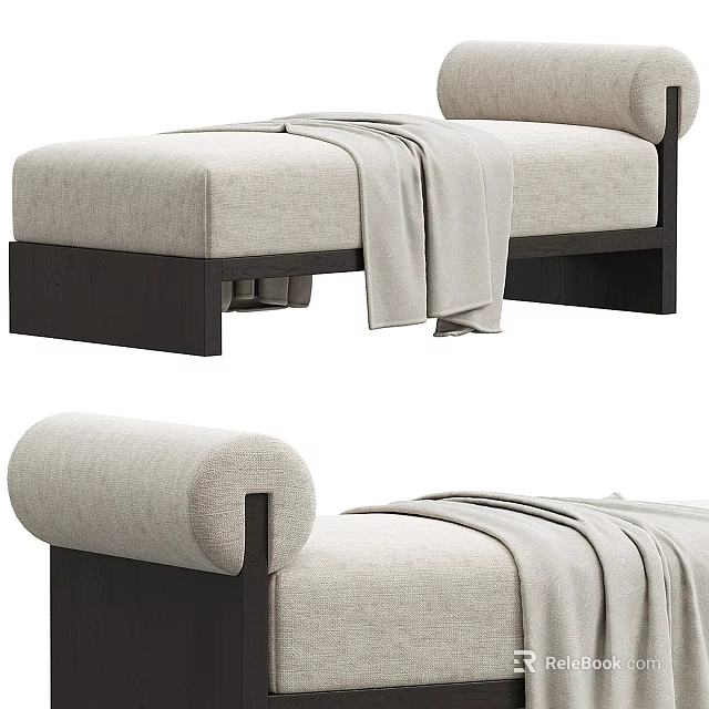 Modern Light Beige Upholstered Bench With Dark Wooden Frame And Draped Blanket 3d model 