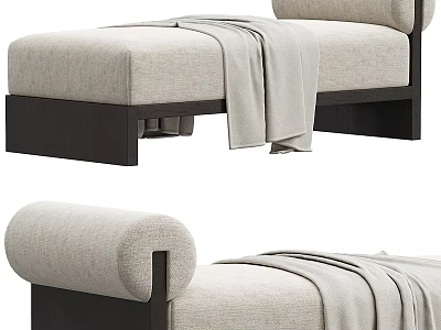 Modern Light Beige Upholstered Bench With Dark Wooden Frame And Draped Blanket 3d model