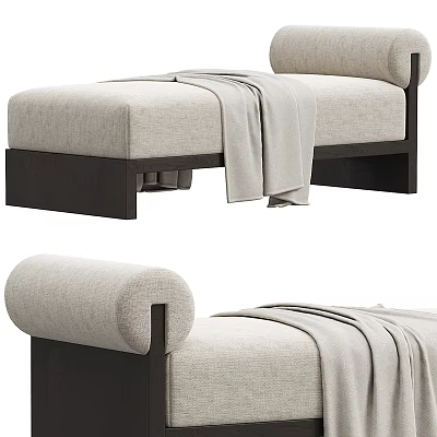 Modern Light Beige Upholstered Bench With Dark Wooden Frame And Draped Blanket 3d model