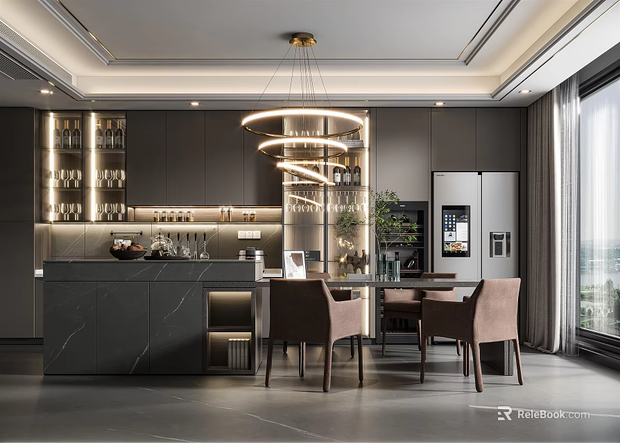 Modern Restaurant Interior With Circular Chandelier Bar Counter Dining Table Wine Cabinet And Floor-to-Ceiling Windows 3d model 