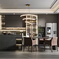 Modern Restaurant Interior With Circular Chandelier Bar Counter Dining Table Wine Cabinet And Floor-to-Ceiling Windows
