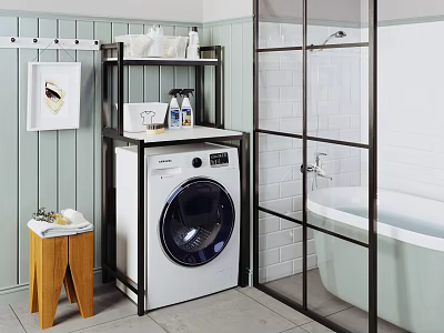 Front Loading Washing Machine in Modern Bathroom with Glass Partition Bathtub and Wooden Stool 3d model