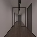 Elevator Hallway Featuring White Walls Side Doors Dark Wooden Flooring And Modern Ceiling Lights