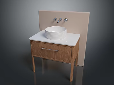 Modern Wooden Bathroom Cabinet With White Countertop And Round Basin And Wall Mounted Faucets 3d model