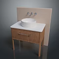 Modern Wooden Bathroom Cabinet With White Countertop And Round Basin And Wall Mounted Faucets