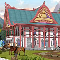 Detached Villa with Green Roof and Red Ornaments on Lawn with Mountain Backdrop and Animals