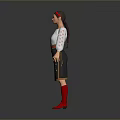 Woman in Traditional Costume Red Headscarf White Embroidered Blouse Black Floral Skirt Red Boots