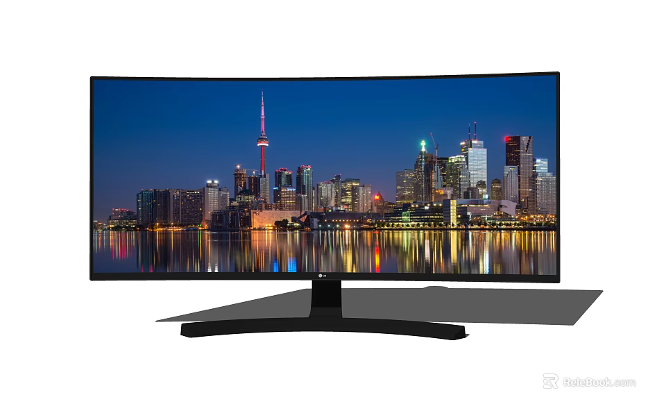 Curved Computer Monitor Showing City Skyline Night View With Water Reflection And Sleek Design 3d model 
