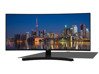 Curved Computer Monitor Showing City Skyline Night View With Water Reflection And Sleek Design 3d model