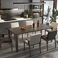 Modern Dining Table Set With Six Chairs Fruit Bowl Vase And Kitchen Cabinets 3d model