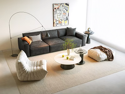 Modern Gray Sofa Coffee Table Set With Orange Pillows Arched Floor Lamp Abstract Wall Art 3d model