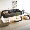 Modern Gray Sofa Coffee Table Set With Orange Pillows Arched Floor Lamp Abstract Wall Art