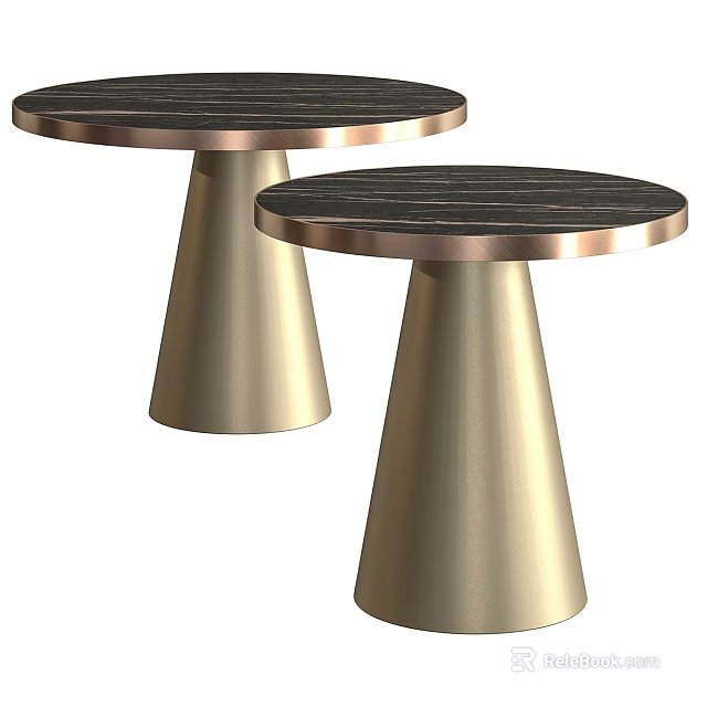 Two Round Dining Tables With Dark Wood Grain Tabletop And Gold Edge Conical Legs 3d model 