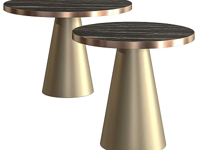 Two Round Dining Tables With Dark Wood Grain Tabletop And Gold Edge Conical Legs 3d model