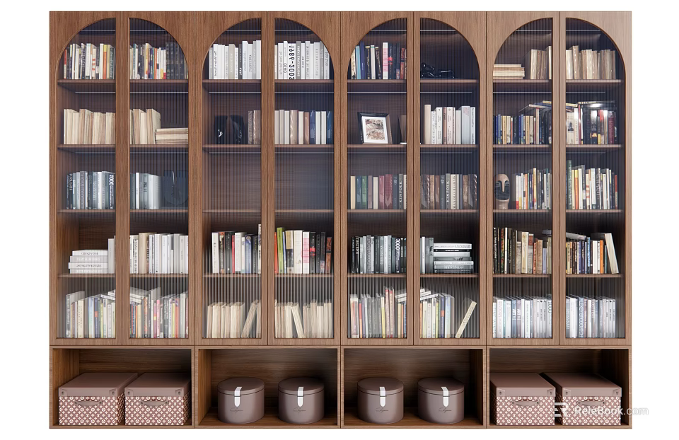 Wooden Bookcase Interior With Arched Doors And Multi tiered Shelves Full Of Books 3d model 