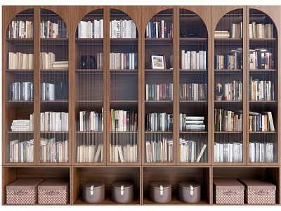 Wooden Bookcase Interior With Arched Doors And Multi tiered Shelves Full Of Books 3d model