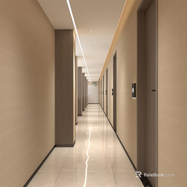 Modern Hotel Corridor With Neutral Wall Tones Sleek Flooring And Recessed Lighting 3d model 