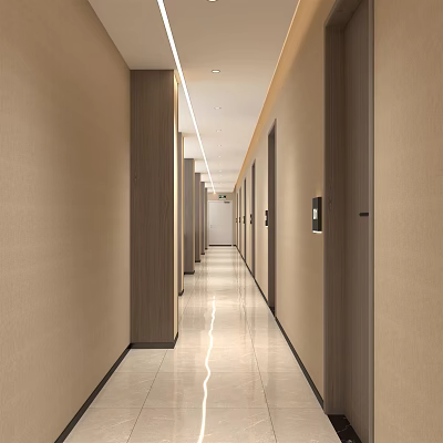 Modern Hotel Corridor With Neutral Wall Tones Sleek Flooring And Recessed Lighting 3d model