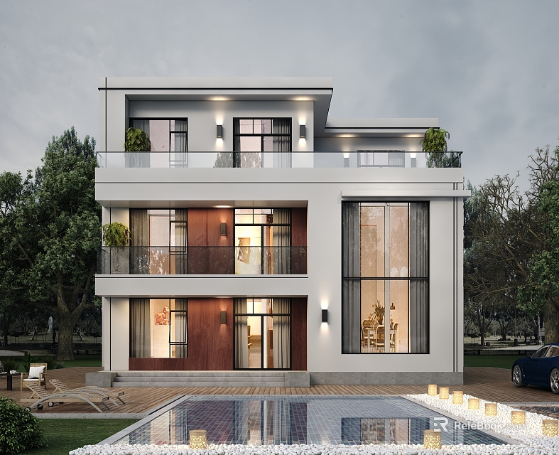 Modern Two Story Detached Villa With Large Glass Windows Swimming Pool And Garden Trees 3d model 