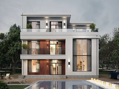 Modern Two Story Detached Villa With Large Glass Windows Swimming Pool And Garden Trees 3d model