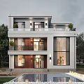 Modern Two Story Detached Villa With Large Glass Windows Swimming Pool And Garden Trees