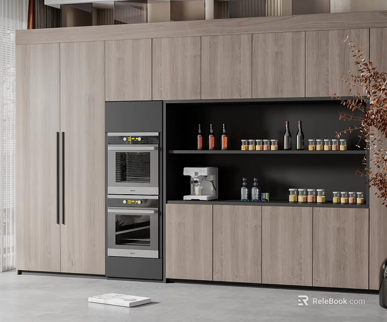 Modern Light Wood Kitchen Cabinets With Built In Ovens And Open Shelves 3d model 