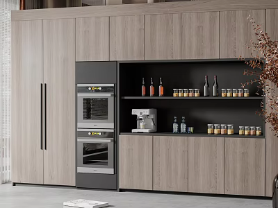 Modern Light Wood Kitchen Cabinets With Built In Ovens And Open Shelves 3d model