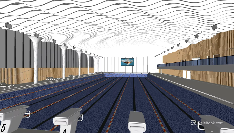 Indoor Swimming Pool With Lane Markers Curved Ceiling Pillars And Wall Screen 3d model 
