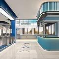 Modern Hall Interior With Blue Counter Information Display And White Floor 3d model