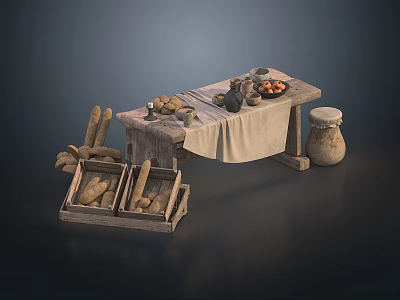 Rustic Wooden Dining Chairs With Farmhouse Table Fresh Bread Fruits And Clay Pots 3d model